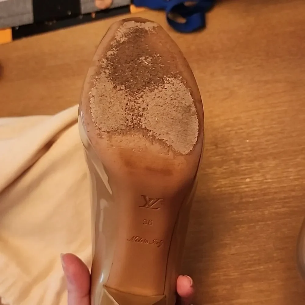 Authentic Louis Vuitton OH Really Tan Nude Peep Toe Pumps Heels Shoes Size 36